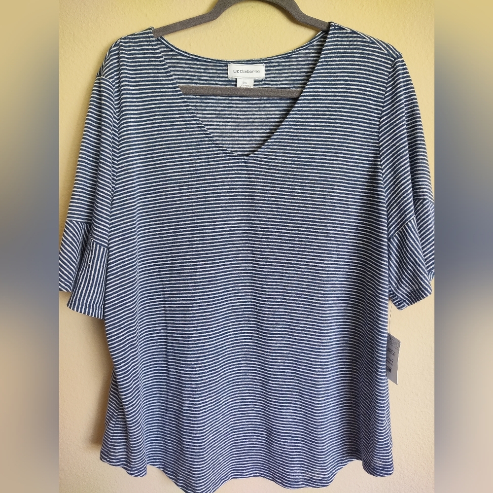 Liz Claiborne Women's Linen Striped Flounce Sleeve Top XXLarge